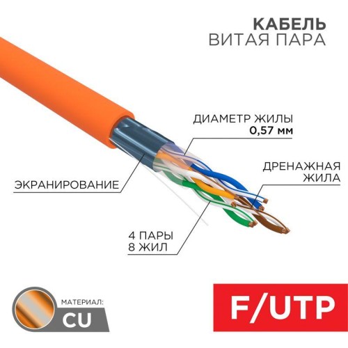 Кабель витая пара F/UTP кат.6 4х2х23AWG solid ZH нг(А)-HF INDOOR медь оранж. (305м) (м) Rexant 01-01