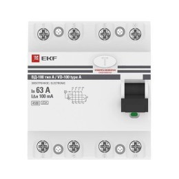 Выключатель дифференциального тока (УЗО) 4п 63А 100мА тип A ВД-100 электрон.PROxima EKF elcb-4-63-10