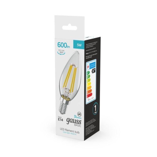 Лампа светодиодная филаментная Basic Filament 5Вт Свеча 4000К E14 600лм GAUSS 50312252