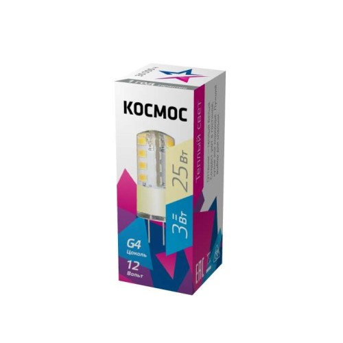 Лампа светодиодная 3Вт 12В G4 3000К КОСМОС LksmLED3wJCG412v30
