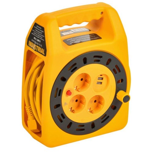 Удлинитель на катушке 3х15м с заземл. Industrial УК15 2P+PE 3х1.5кв.мм USBх2 LED термозащита IEK IN-
