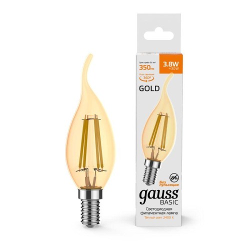 Лампа светодиодная филаментная Basic Filament 3.8Вт Свеча на ветру 2400К Е14 350лм golden GAUSS 1047