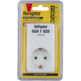 Адаптер 1-м с заземл. 61 699 NAD-USB02-1E-C-WH USB 2.1А Navigator 61699