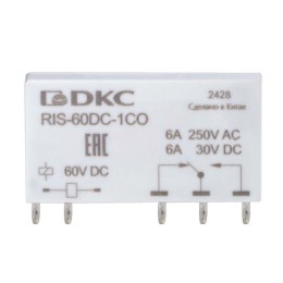 Реле миниатюрное ультратонкое 1CO ком. ток 6А AgSnO2 напряжение 60В DC DKC RIS-60DC-1CO