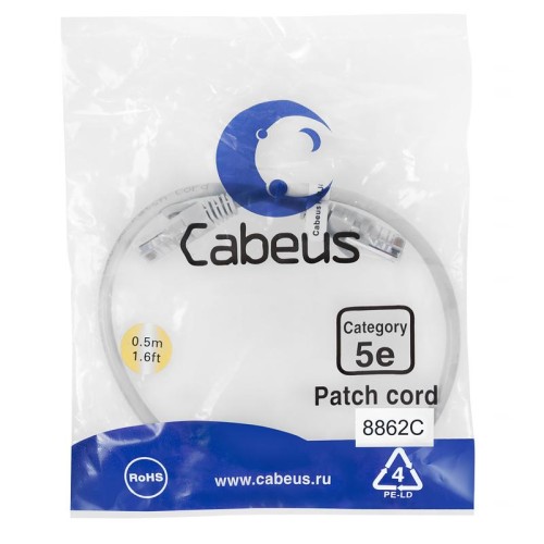 Патч-корд U/UTP кат.5E PC-UTP-RJ45-Cat.5e-0.5m-LSZH 2хRJ45/8p8c неэкранир. LSZH 0.5м сер. Cabeus 886