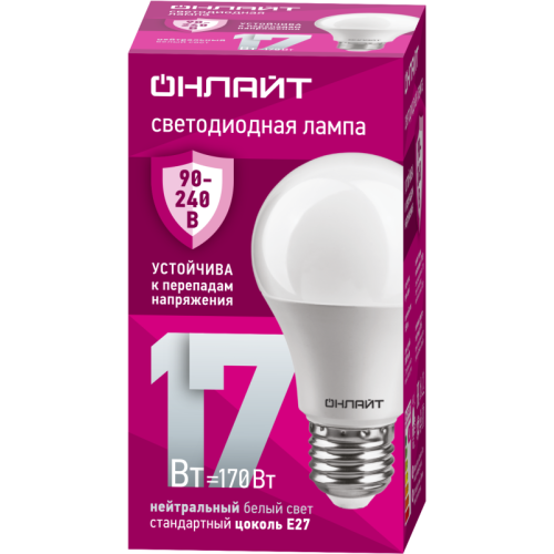 Лампа светодиодная 90 403 OLL-A60-17-230-4K-E27 (PRO 90-240В) ОНЛАЙТ 90403