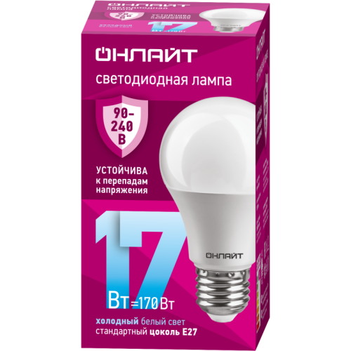 Лампа светодиодная 90 404 OLL-A60-17-230-6.5K-E27 (PRO 90-240В) ОНЛАЙТ 90404