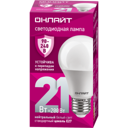 Лампа светодиодная 90 405 OLL-A60-21-230-4K-E27 (PRO 90-240В) ОНЛАЙТ 90405