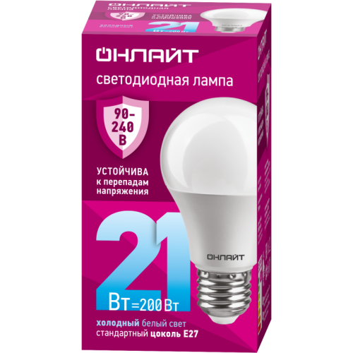 Лампа светодиодная 90 406 OLL-A60-21-230-6.5K-E27 (PRO 90-240В) ОНЛАЙТ 90406
