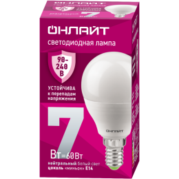 Лампа светодиодная 90 419 OLL-G45-7-230-4K-E14-FR (PRO 90-240В) ОНЛАЙТ 90419