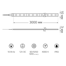 Лента светодиодная Basic 5050/60-SMD 10Вт/м 4000К нейтр. бел. IP65 700лм/м 12В 10мм (уп.3м) GAUSS BT