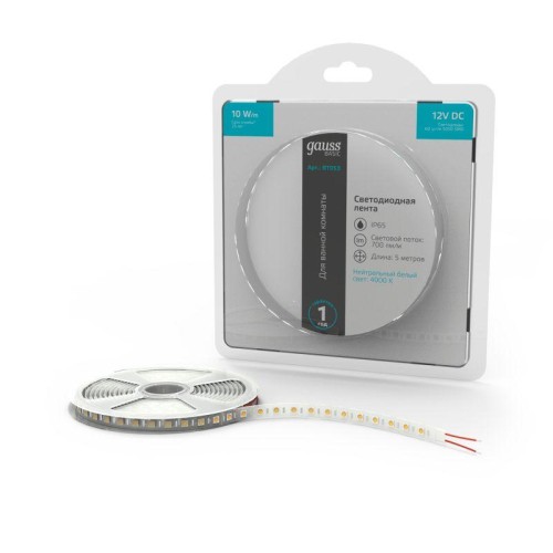 Лента светодиодная Basic 5050/60-SMD 10Вт/м 4000К нейтр. бел. IP65 700лм/м 12В 10мм (уп.5м) GAUSS BT