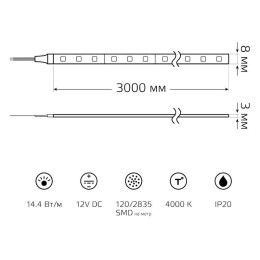 Лента светодиодная Basic 2835/120-SMD 14.4Вт/м 4000К нейтр. бел. IP20 1400лм/м 12В 8мм (уп.3м) GAUSS