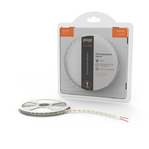 Лента светодиодная Basic 5050/60-SMD 10Вт/м 3000К тепл. бел. IP65 700лм/м 12В 10мм (уп.5м) GAUSS BT0