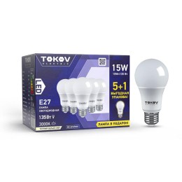 Набор ПРОМО лампа светодиодная 15Вт А60 3000К Е27 176-264В (Promo 5+1 шт) TOKOV ELECTRIC Promo-A60-E