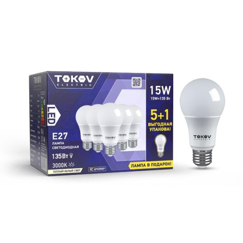 Набор ПРОМО лампа светодиодная 15Вт А60 3000К Е27 176-264В (Promo 5+1 шт) TOKOV ELECTRIC Promo-A60-E