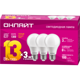 Лампа светодиодная 90 604 OLL-A60-13-230-2.7K-E27-PACK3 ОНЛАЙТ 90604