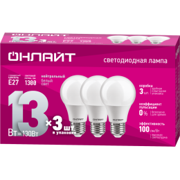 Лампа светодиодная 90 605 OLL-A60-13-230-4K-E27-PACK3 ОНЛАЙТ 90605