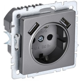 IEK BRITE BASE Сталь Розетка с з/к/ш 16А с USB A+A 3,1А РЮш10-2-БрС