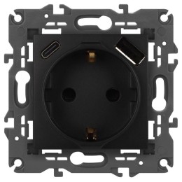 Розетка Elegance 14-4108-05 16A 250В 2P+E защ. шторки с USB type-A+C 3А 5В антрацит Эра Б0067724