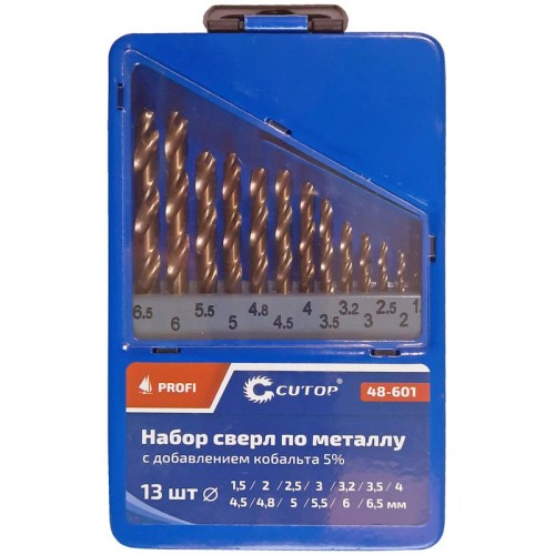 Набор сверл по металлу Profi 1.5-6.5мм (через 0.5мм + 32мм; 48мм) с кобальтом 5проц. в метал. коробк