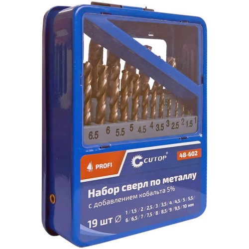 Набор сверл по металлу Profi 1-10мм (через 0.5мм) с кобальтом 5проц. в метал. коробке (19шт) Cutop 4