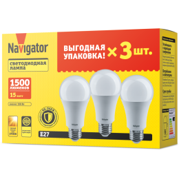 Лампа светодиодная 95 320 NLL-A60-15-230-2.7K-E27-PACK3 NAVIGATOR 95320