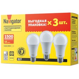 Лампа светодиодная 95 321 NLL-A60-15-230-4K-E27-PACK3 NAVIGATOR 95321