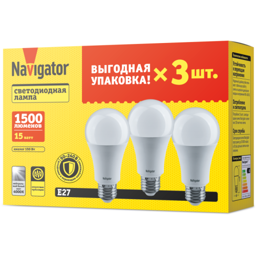 Лампа светодиодная 95 321 NLL-A60-15-230-4K-E27-PACK3 NAVIGATOR 95321