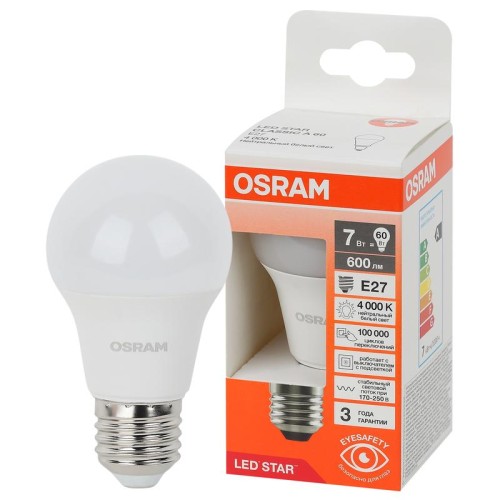 Лампа светодиодная LED Star 7Вт грушевидная 4000К E27 600лм (замена 60Вт) OSRAM 4058075695689