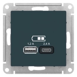 Розетка USB AtlasDesign тип A+C 5В/2.4А 2х5В/1.2А механизм изумруд SE ATN000839