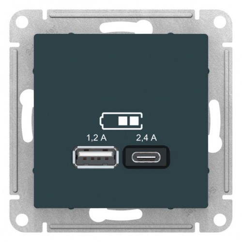 Розетка USB AtlasDesign тип A+C 5В/2.4А 2х5В/1.2А механизм изумруд SE ATN000839