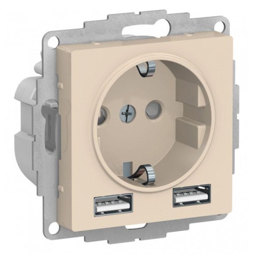 Розетка 1-м СП AtlasDesign 16А IP20 с 2-мя заряд. устройствами USB тип A+A 5В/2.4А 2х5В/1.2А механиз