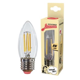Лампа светодиодная Филамент 8Вт свеча 2700К E27 720лм 160-260В ЭКОНОМКА EcoLedFL8wCNE2727