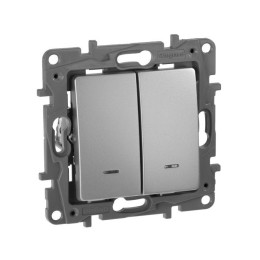 Выключатель 2-кл. СП Etika 10А IP20 250В 10AX с подсветкой/индикацией авт. зажимы механизм алюм. Leg