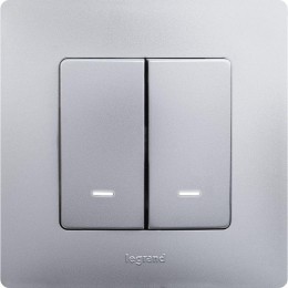 Выключатель 2-кл. СП Etika 10А IP20 250В 10AX с подсветкой/индикацией авт. зажимы механизм алюм. Leg