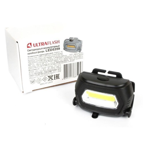 Фонарь аккумуляторный налобный LED5359 COB 3Вт 3 режима аккум. 5В пластик. черн. (бокс) Ultraflash 1