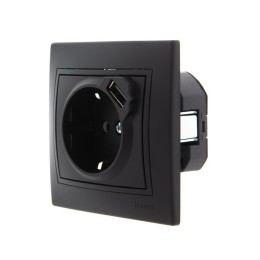 Розетка 1-м СП Mira 16А с заземл. + USB разъем черн. бархат LEZARD 701-4242-181