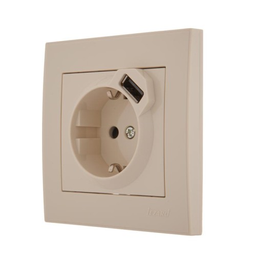 Розетка 1-м СП Rain 16А с заземл. + USB разъем крем. LEZARD 703-0303-181