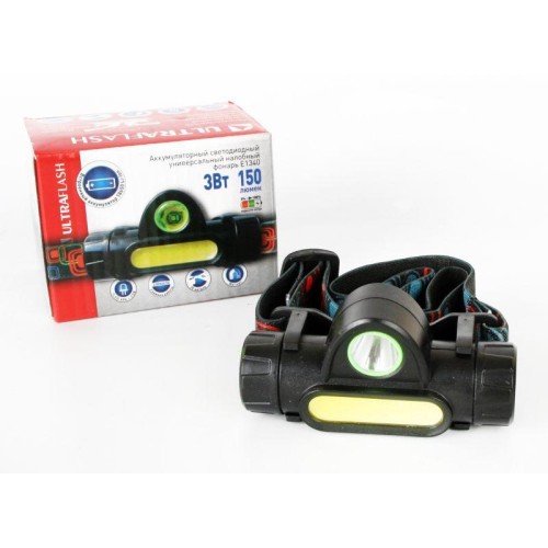 Фонарь аккумуляторный налобный E1340 XPE + COB LED 3Вт 2 режима аккум. 3.7В магнит диммир. черн. (бо