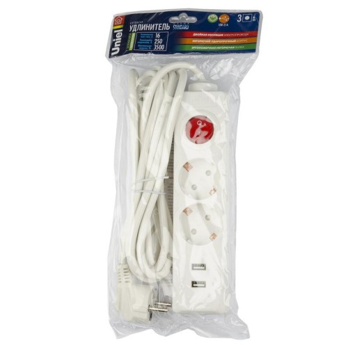 Удлинитель 2х3м с заземл. Standart S-GCD2-3BU White 2хUSB 2.1А бел. Uniel UL-00006677
