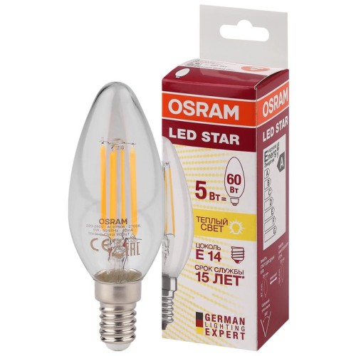 Лампа светодиодная филаментная LED STAR CLASSIC B 60 5W/827 5Вт свеча 2700К тепл. бел. E14 660лм 220