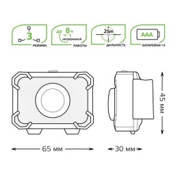 Фонарь налобный GFL 3Вт 150лм IP33 элементы питания 3хAAA GAUSS GF305