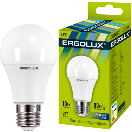 Лампа светодиодная LED-A60-10W-E27-6500K 10Вт грушевидная 6500К холод. бел. E27 180-240В ЛОН Ergolux