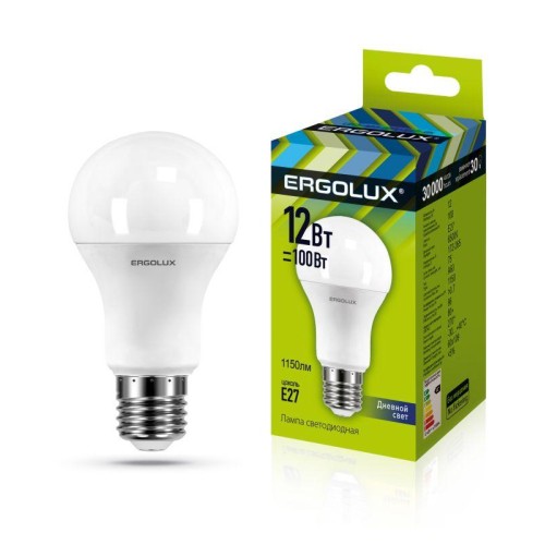 Лампа светодиодная LED-A60-12W-E27-6500K 12Вт грушевидная 6500К холод. бел. E27 180-240В ЛОН Ergolux