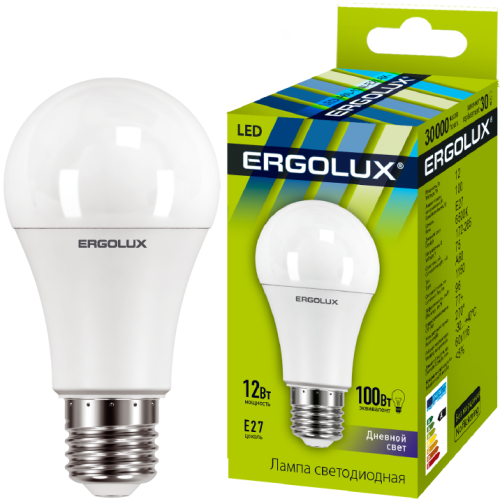 Лампа светодиодная LED-A60-12W-E27-6500K 12Вт грушевидная 6500К холод. бел. E27 180-240В ЛОН Ergolux