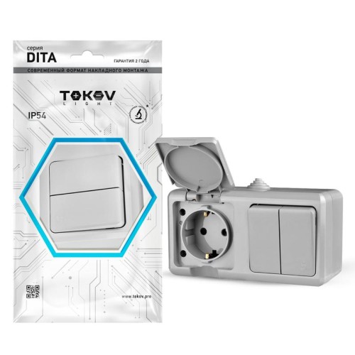 Блок ОП Dita (розетка 16А 250В с заземл. + 2-кл. выкл. 10А) IP54 сер. TOKOV ELECTRIC TKL-DT-V2RZ-C06