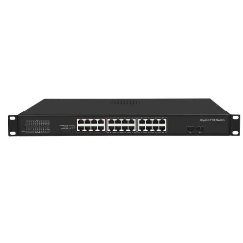 Коммутатор неуправляемый 24PoE 802.3af/at портов 1000Мбит/с 17-24 порт до 250м cat6 2 SFP порта 1000
