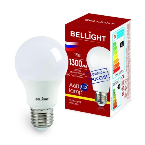 Лампа светодиодная LED A60 220В 15Вт E27 1300лм 3000К BELLIGHT 85339513