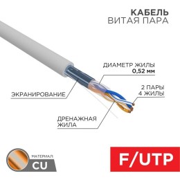 Кабель витая пара F/UTP кат.5e 2х2х0.52 24AWG solid ZH нг(А)-HF INDOOR сер. (305м) PRO Rexant 02-002